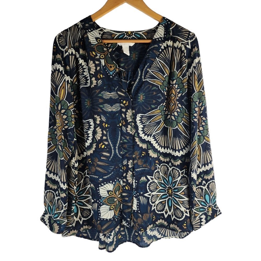 H&M BLUE Floral PRINTED V-NECK Blouse